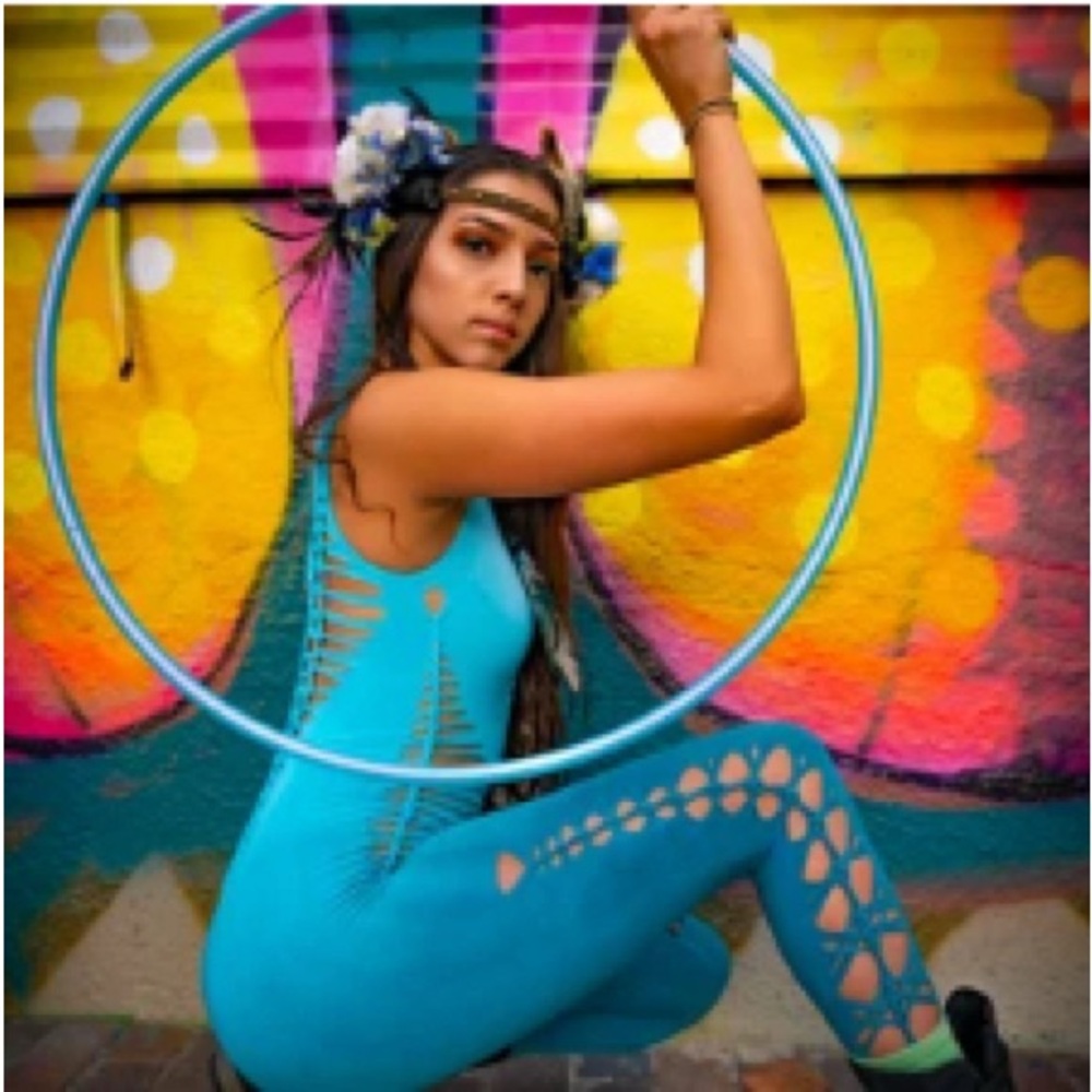 Vibrant Blue Women's Jumpsuit Dance Performance Bodysuit Ombre Cutouts Size M/L